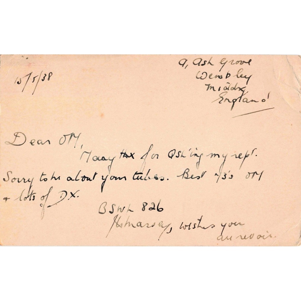 Vintage 1938 QSL Postcard Wembley England to Ontario Canada King George VI Stamp - Picture 2 of 2